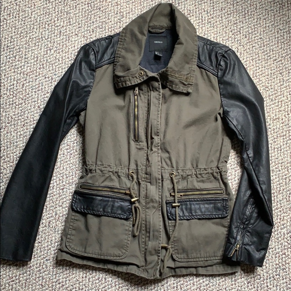 Forever 21 leather sleeve cargo jacket size small